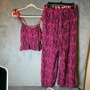 Maaji Pink Snakeskin Matching Set Crop Top Wide Leg Pants Boho Resort M